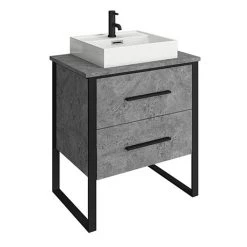 Arezzo Countertop Basin Unit - Concrete-Effect with Black Frame - 600mm inc. Basin