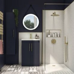 Arezzo Floor Standing Vanity Unit - Matt Blue - 500mm with Industrial Style Brushed Brass Handles -Freestanding Vanity Units Shop AZB5FSVBBIS d3 460