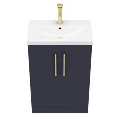 Arezzo Floor Standing Vanity Unit - Matt Blue - 600mm with Industrial Style Brushed Brass Handles -Freestanding Vanity Units Shop AZB6FSVBBIS D4 460
