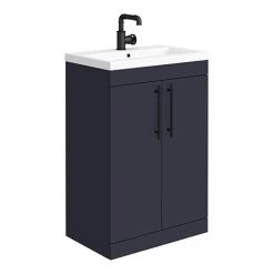 Arezzo Floor Standing Vanity Unit - Matt Blue - 600mm with Industrial Style Black Handles