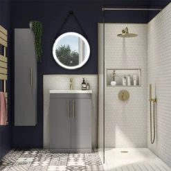 Arezzo Floor Standing Vanity Unit - Matt Grey - 500mm with Industrial Style Brushed Brass Handles -Freestanding Vanity Units Shop AZG5FSVBBIS D3 460