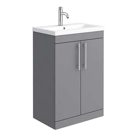 Arezzo Floor Standing Vanity Unit - Matt Grey - 600mm with Industrial Style Chrome Handles 1 Arezzo Floor Standing Vanity Unit - Matt Grey - 600mm with Industrial Style Chrome Handles