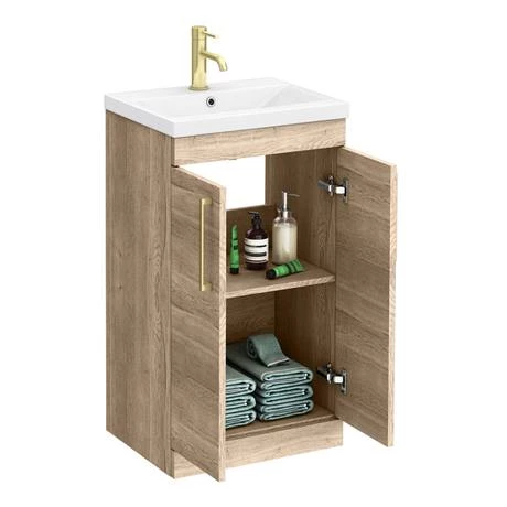 Arezzo Floor Standing Vanity Unit - Rustic Oak - 500mm with Brushed Brass Handles 3 Arezzo Floor Standing Vanity Unit - Rustic Oak - 500mm with Brushed Brass Handles - Image 3