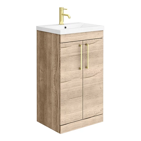 Arezzo Floor Standing Vanity Unit - Rustic Oak - 500mm with Brushed Brass Handles 1 Arezzo Floor Standing Vanity Unit - Rustic Oak - 500mm with Brushed Brass Handles