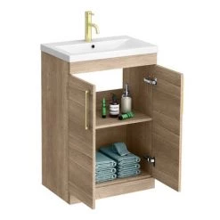 Arezzo Floor Standing Vanity Unit - Rustic Oak - 600mm with Brushed Brass Handles 7 Arezzo Floor Standing Vanity Unit - Rustic Oak - 600mm with Brushed Brass Handles -Freestanding Vanity Units Shop AZRO6FSVBB d3 460