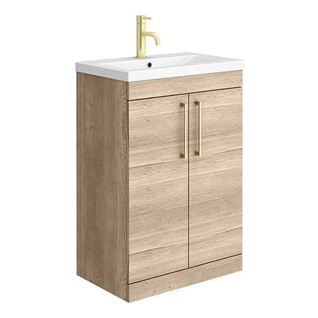 Arezzo Floor Standing Vanity Unit - Rustic Oak - 600mm with Brushed Brass Handles 1 Arezzo Floor Standing Vanity Unit - Rustic Oak - 600mm with Brushed Brass Handles