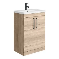 Arezzo Floor Standing Vanity Unit - Rustic Oak - 600mm with Matt Black Handles