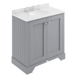 Bayswater Plummett Grey 800mm 2 Door Vanity Unit & 3TH White Marble Basin Top