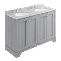 Bayswater Plummett Grey 1200mm 4 Door Vanity Unit & 3TH Grey Marble Double Bowl Basin Top