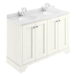 Bayswater Pointing White 1200mm 4 Door Vanity Unit & 1TH White Marble Double Bowl Basin Top
