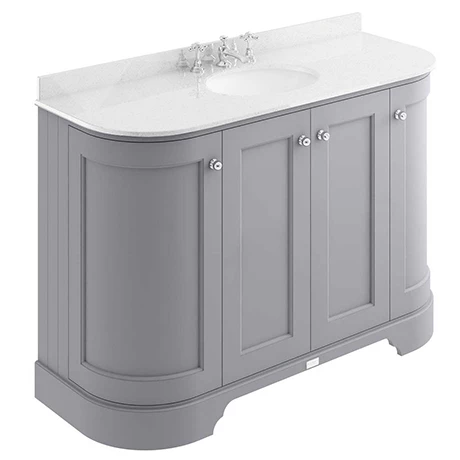 Bayswater Plummett Grey Curved 1200mm 4-Door Vanity Unit & 3TH White Marble Single Bowl Basin Top 1 Bayswater Plummett Grey Curved 1200mm 4-Door Vanity Unit & 3TH White Marble Single Bowl Basin Top