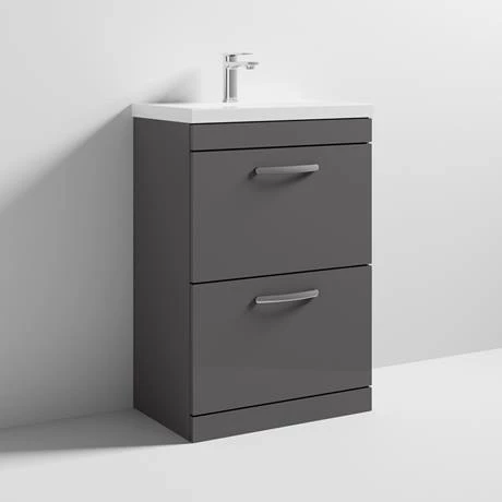 Brooklyn 600 Gloss Grey Floor Standing 2 Drawer Vanity Unit with Thin-Edge Basin 4 Brooklyn 600 Gloss Grey Floor Standing 2 Drawer Vanity Unit with Thin-Edge Basin - Image 4