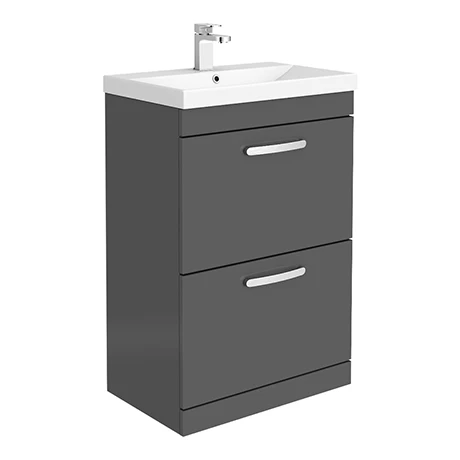 Brooklyn 600 Gloss Grey Floor Standing 2 Drawer Vanity Unit with Thin-Edge Basin 1 Brooklyn 600 Gloss Grey Floor Standing 2 Drawer Vanity Unit with Thin-Edge Basin