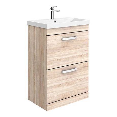 Brooklyn 600 Natural Oak Floor Standing 2 Drawer Vanity Unit with Thin-Edge Basin 1 Brooklyn 600 Natural Oak Floor Standing 2 Drawer Vanity Unit with Thin-Edge Basin