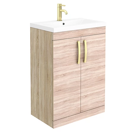 Brooklyn 600mm Natural Oak Vanity Unit with Brushed Brass Handles 1 Brooklyn 600mm Natural Oak Vanity Unit with Brushed Brass Handles