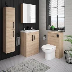 Brooklyn Natural Oak Vanity Unit - 600mm Wide with Matt Black Handles -Freestanding Vanity Units Shop BFS6N MB d3 460