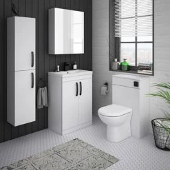 Brooklyn Gloss White Vanity Unit - 600mm Wide with Matt Black Handles -Freestanding Vanity Units Shop BFS6WHT MB d4 460