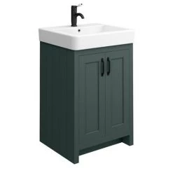 Chatsworth Traditional Green Double Basin Vanity + Cupboard Combination Unit with Matt Black Handles -Freestanding Vanity Units Shop CGRN142PKMB d2 460