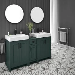 Chatsworth Traditional Green Double Basin Vanity + Cupboard Combination Unit with Matt Black Handles -Freestanding Vanity Units Shop CGRN142PKMB d4 460