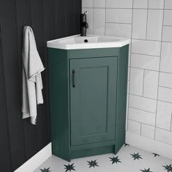 Chatsworth Traditional Green Corner Vanity Unit with Matt Black Handle