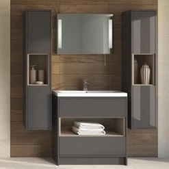 Hudson Reed Coast 800mm Floorstanding 2 Drawer Vanity Unit with Open Shelf & Basin - Grey Gloss/Driftwood 5 Hudson Reed Coast 800mm Floorstanding 2 Drawer Vanity Unit with Open Shelf & Basin - Grey Gloss/Driftwood -Freestanding Vanity Units Shop Coast 800mm Floorstanding 2 Drawer Vanity Unit with Open Shelf and Basin d2 460