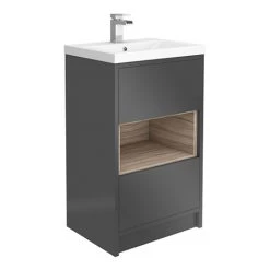 Haywood 500mm Gloss Grey / Driftwood 2 Drawer Vanity Unit with Open Shelf + Ceramic Basin
