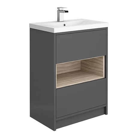 Haywood 600mm Gloss Grey / Driftwood 2 Drawer Vanity Unit with Open Shelf + Ceramic Basin 1 Haywood 600mm Gloss Grey / Driftwood 2 Drawer Vanity Unit with Open Shelf + Ceramic Basin
