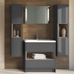Haywood 800mm Gloss Grey / Driftwood 2 Drawer Vanity Unit with Open Shelf + Ceramic Basin -Freestanding Vanity Units Shop HYGFS8 nd2 460