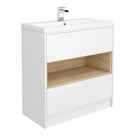 Haywood 800mm Gloss White / Natural Oak 2 Drawer Vanity Unit with Open Shelf + Ceramic Basin 1 Haywood 800mm Gloss White / Natural Oak 2 Drawer Vanity Unit with Open Shelf + Ceramic Basin