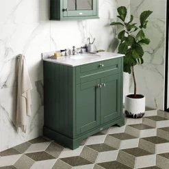 Old London 1000mm Cabinet & Single Bowl Grey Marble Top - Hunter Green -Freestanding Vanity Units Shop LOF878 D2 460