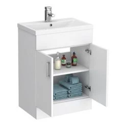 Toreno Basin Unit - 600mm Modern High Gloss White with Mid Edged Basin -Freestanding Vanity Units Shop MVME600 detail1 460