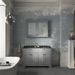 Old London 1200mm Cabinet & Double Bowl Black Marble Top - Storm Grey -Freestanding Vanity Units Shop OLBM12SG d2 460