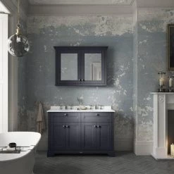 Old London 1200mm Cabinet & Double Bowl White Marble Top - Twilight Blue -Freestanding Vanity Units Shop OLWM12TB d2 460