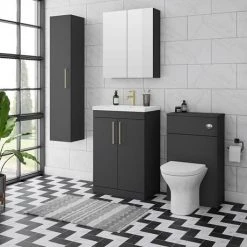 Arezzo 600 Matt Black Floor Standing Vanity Unit with Brushed Brass Handles -Freestanding Vanity Units Shop Soft Black Lifestyle 01 460