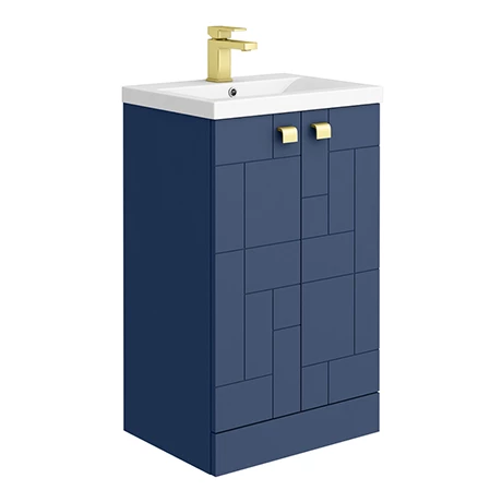 Venice Abstract 500mm Blue Vanity Unit - Floor Standing 2 Door Unit with Brushed Brass Square Drop Handles 1 Venice Abstract 500mm Blue Vanity Unit - Floor Standing 2 Door Unit with Brushed Brass Square Drop Handles