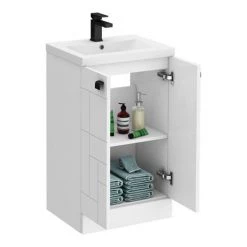 Venice Abstract 500mm White Vanity Unit - Floor Standing 2 Door Unit with Matt Black Square Drop Handles -Freestanding Vanity Units Shop VAFS500WHIBLK d3 460