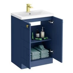 Venice Abstract 600mm Blue Vanity Unit - Floor Standing 2 Door Unit with Brushed Brass Square Drop Handles -Freestanding Vanity Units Shop VAFS600BLUBRA D3 460
