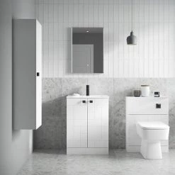 Venice Abstract 600mm White Vanity Unit - Floor Standing 2 Door Unit with Matt Black Square Drop Handles -Freestanding Vanity Units Shop VAFS600WHIBLK d3 460