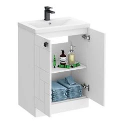 Venice Abstract 600mm White Vanity Unit - Floor Standing 2 Door Unit with Matt Black Square Drop Handles -Freestanding Vanity Units Shop VAFS600WHIBLK d4 460