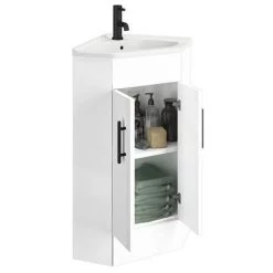 Venice Corner Vanity Unit - Gloss White - 590mm with Black Handles -Freestanding Vanity Units Shop VB001 d3 460