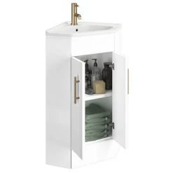 Venice Corner Vanity Unit - Gloss White - 590mm with Brushed Brass Handles -Freestanding Vanity Units Shop VBB001 d2 460