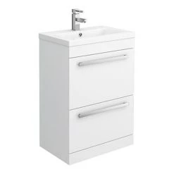 Nuie - 600 x 400mm Floor Standing Mid Edge Basin & Cabinet - Gloss White - VTFE600